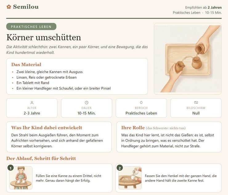 Oberer Teil einer druckbaren Semilou-Vorlage mit Material, Rolle der Eltern und den ersten zwei illustrierten Schritten