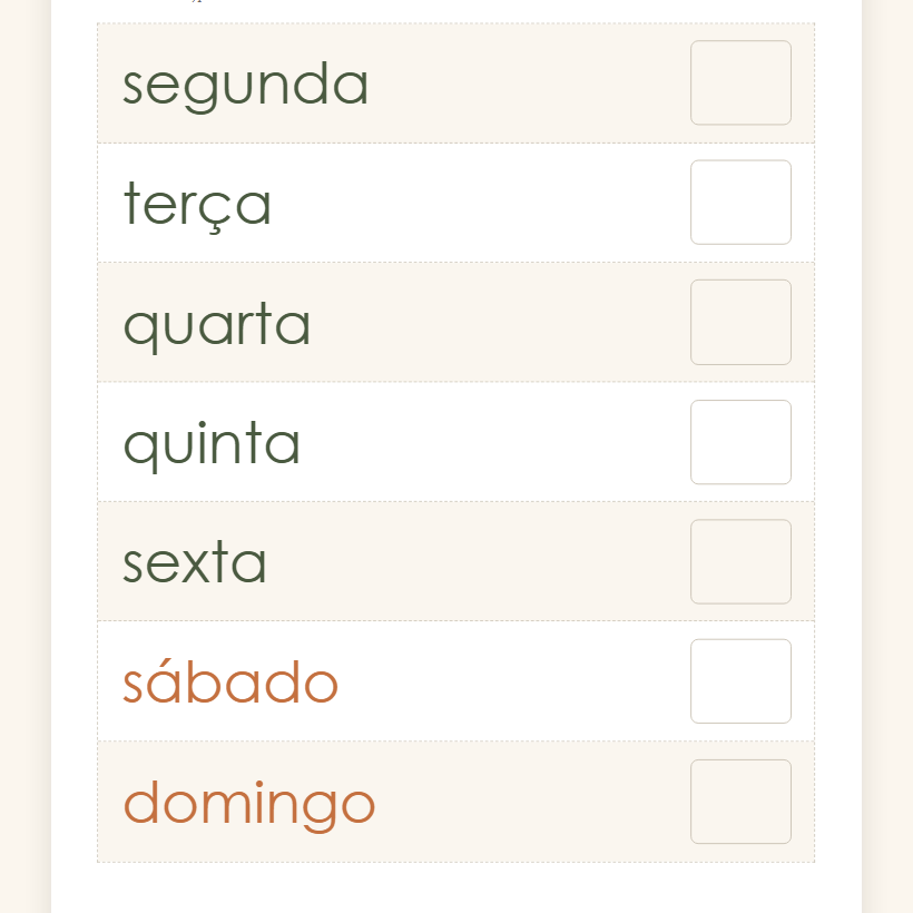 O calendário semanal da criança